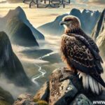 An eagle perched majestically on a rock, surveying a vast valley below, embodying strength and freedom in nature.